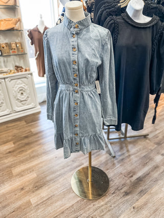 She Could Be The One Standing Collar Washed Denim Dress