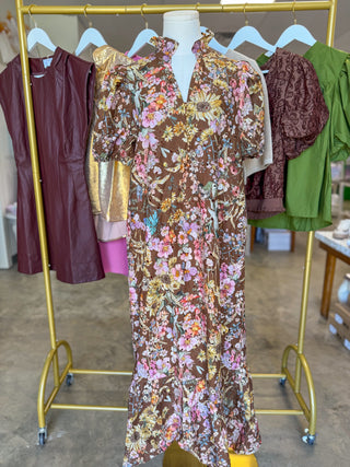 Brown Fields of Florals Eyelet Midi Dress
