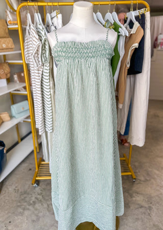 Green Forever Young Smocked Striped Maxi Dress