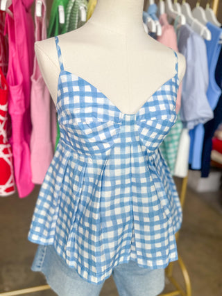 Sky Blue Summer Gingham Peplum Tank Top