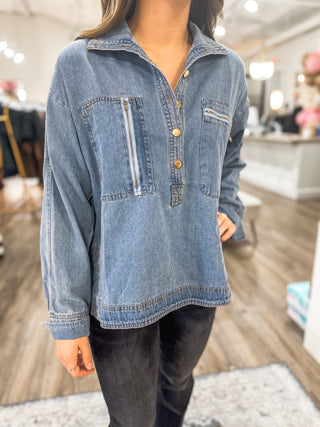 Denim Delight Half Button Down Top