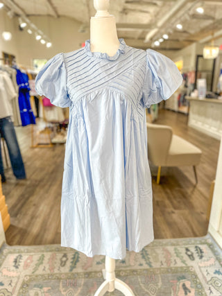 Soft Blue Skies Pintuck Detail Bubble Sleeve Mini Dress
