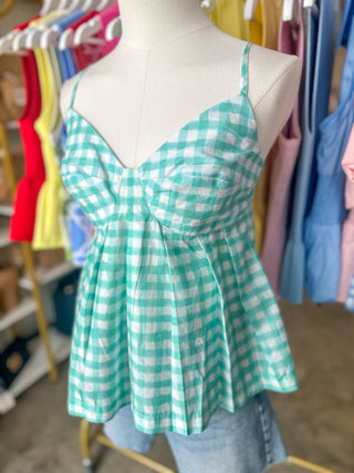 Mint Green Summer Gingham Peplum Tank Top