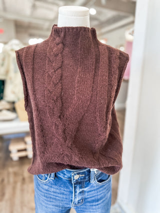 Brown Cozy Cables Knit Sleeveless Sweater