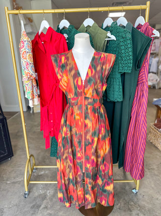 Rust Bold Botanicals Zip Midi Dress