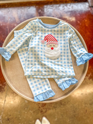 Girls Blue Plaid Santa's In Town Set