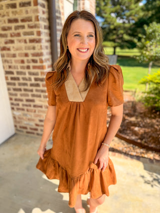 Camel Vinyard Stroll Ruffle Suede Mini Dress