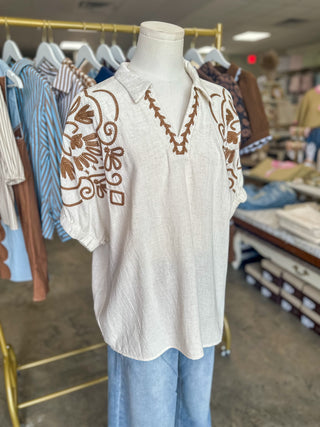 Oatmeal & Brown Frontier Floral Embroidered Top