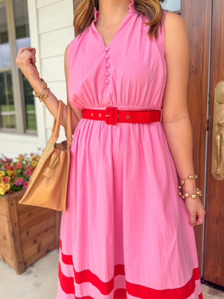 Pink Coastal Elegance Belted Midi Dress