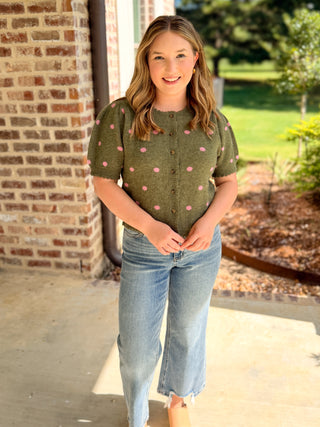 Olive & Pink Polka Dot Scalloped Trim Sweater
