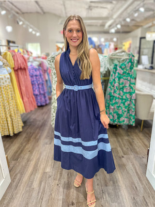 Navy Coastal Elegance Belted Midi Dress