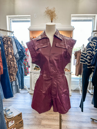 Plum She's Back & Better Faux Leather Button-Up Romper