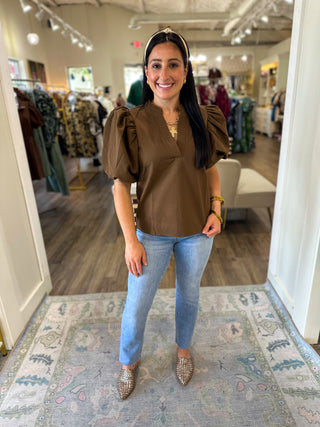 Brown Parker Puff Sleeve Textured Top