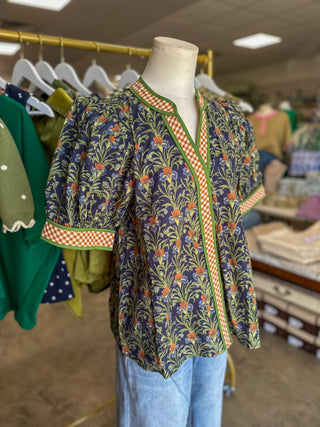 Navy Harvest Bloom W/ Gingham Trim Top