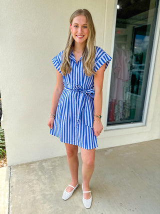 Dark Blue Striped Samara Button Up Mini Dress