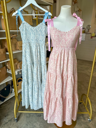Pink & Cream Dainty Vintage Ribbon Shoulder Tiered Maxi Dress