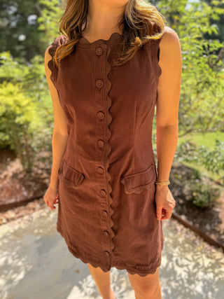 Brown Sweet Detail Scallop Trim Mini Dress