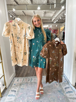 Hunter Green Garden Stroll Ruffle Neck Mini Dress