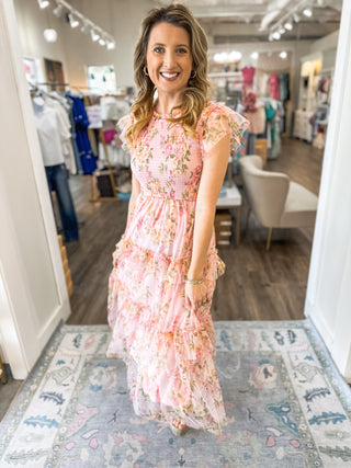 Blush Rosewood Ruffle Floral Tulle Fabric Smocked Tiered Maxi Dress