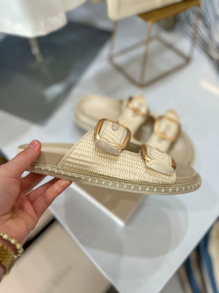 The Daytona Ivory Raffia Gold Buckle Sandal