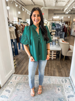 The Hunter Green Claire Eyelet Trim Blouse