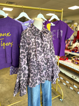 Painted in Purple Tie Neck Blouse