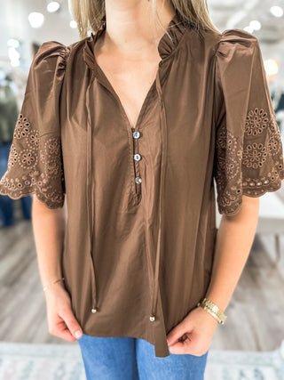 The Brown Claire Eyelet Trim Blouse