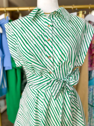 Greenline Stripe Tie-Waist Mini Dress