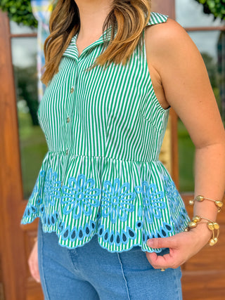 Green Charleston Embroidered Peplum Top