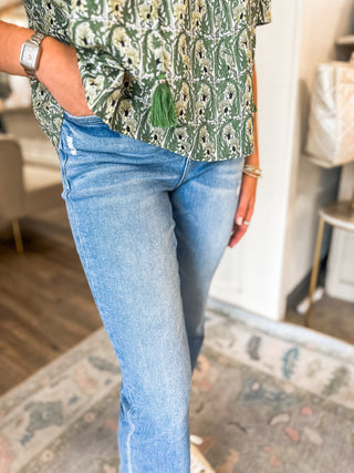 Beckons High Rise Kick Flare Raw Hem Jeans - Flying Monkey