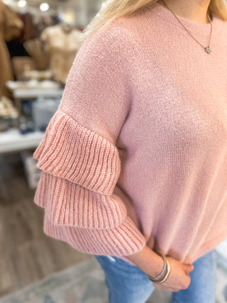 Soft Pink Fuzzy Tiered Ruffle Sleeve Sweater