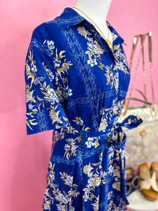Charming In Blue Floral Tie Waist Midi Dress