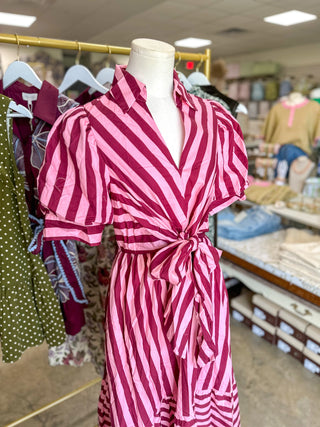 Pink & Wine Stripe Society Tie Waist Maxi Dress