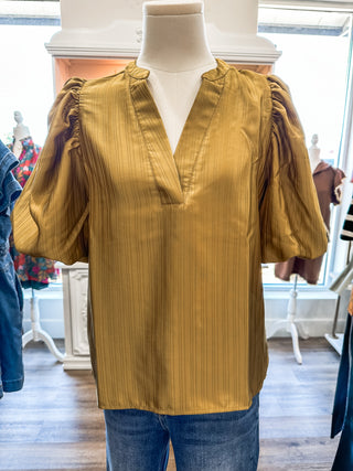 Mustard Made for Love V-Neck Puff Sleeve Blouse