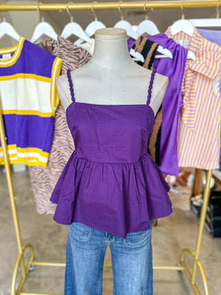Purple Beaded Knot Spaghetti Strap Peplum Top