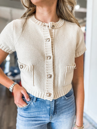 Cream Gold Button Blissful Events Cropped Sweater