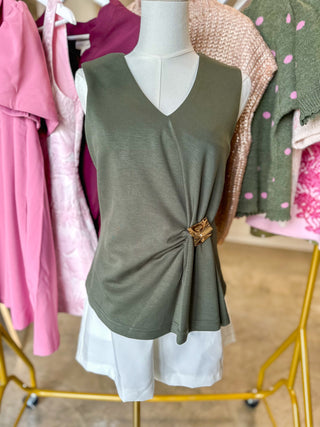 Olive Gathered & Gold V-Neck Top