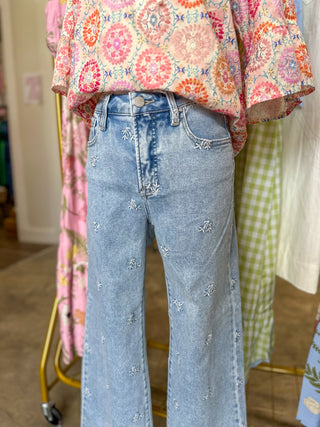 Eden's Dainty As Could Be Embroidered Wide Leg Denim Jeans