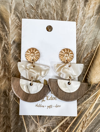 Milky Champagne Wooden Half Moon Earrings