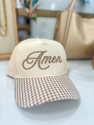 Amen Tan W/ Brown Seersucker Gingham Trim Trucker Hat