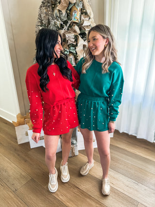 Green Holiday Pearl Charm Long Sleeve Top