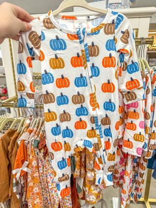 Blue & Orange Pumpkin Long Sleeve Zippie Pajamas