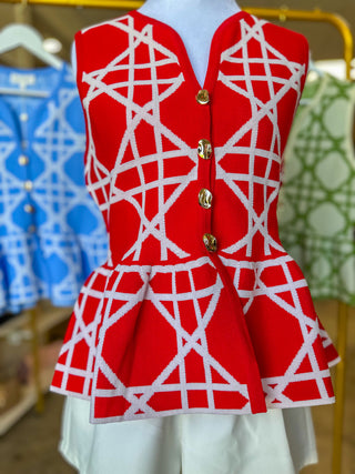 Red Delicate Lines Gold Button Peplum Top