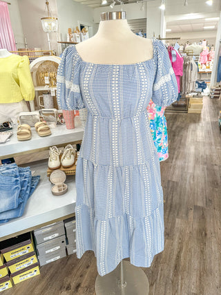 Blue Gingham Grace Embroidered Tiered Midi Dress