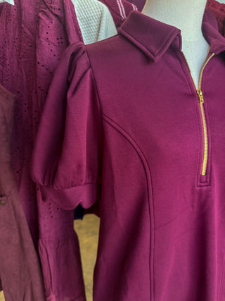 Wine Confident & Collected Half Zip Mini Dress