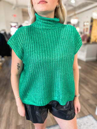 Green Radiant Luxe Metallic Mock Neck Sweater Vest