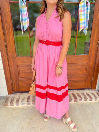 Pink Coastal Elegance Belted Midi Dress