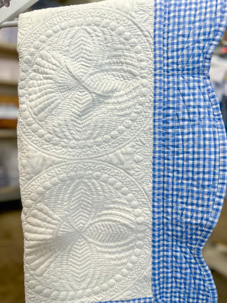 White W/ Blue Check Trim Baby Quilt