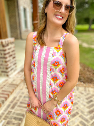 Pink Petal Crush & Stripes Midi Dress