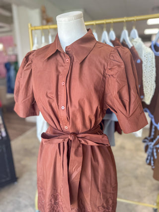 Brown Eleanor Eyelet Trim Belted Mini Dress